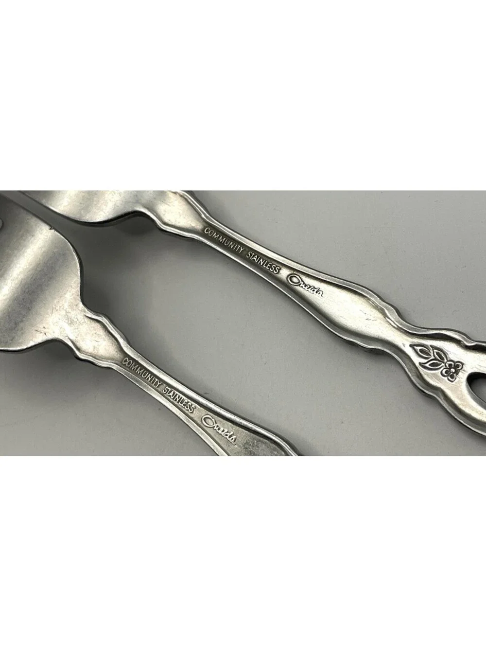 2- Oneida Community FANTASY Burnished Stainless Pierced Hndl Dinner Fork ~7.25”